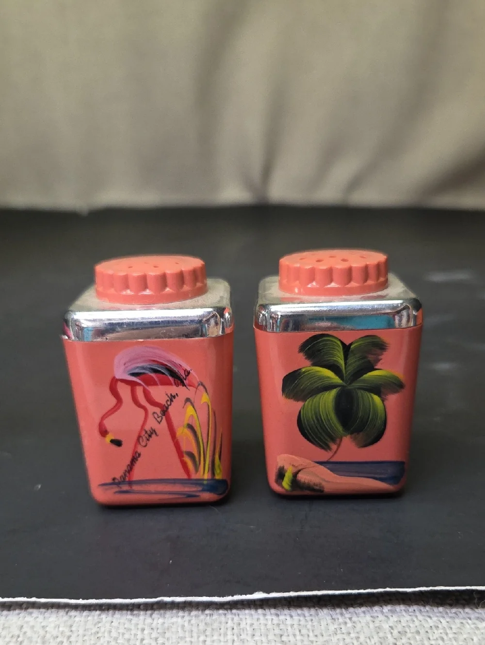 Vintage Souvenir Salt &‎ Pepper Shakers Steri-lite And Lifetime Ware Plate